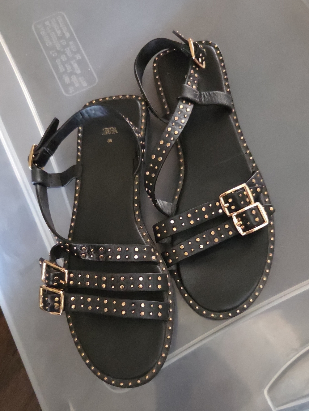 Zara Leather and Gold Stud Sandals